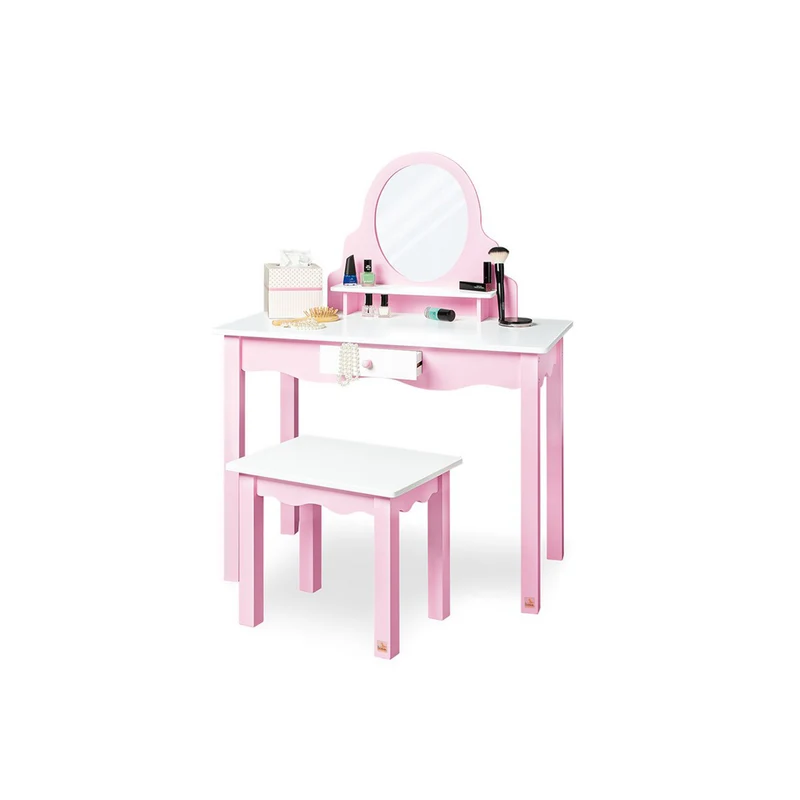 Kinder Schminktisch Rosa & Weiß, mit Spiegel & Hocker