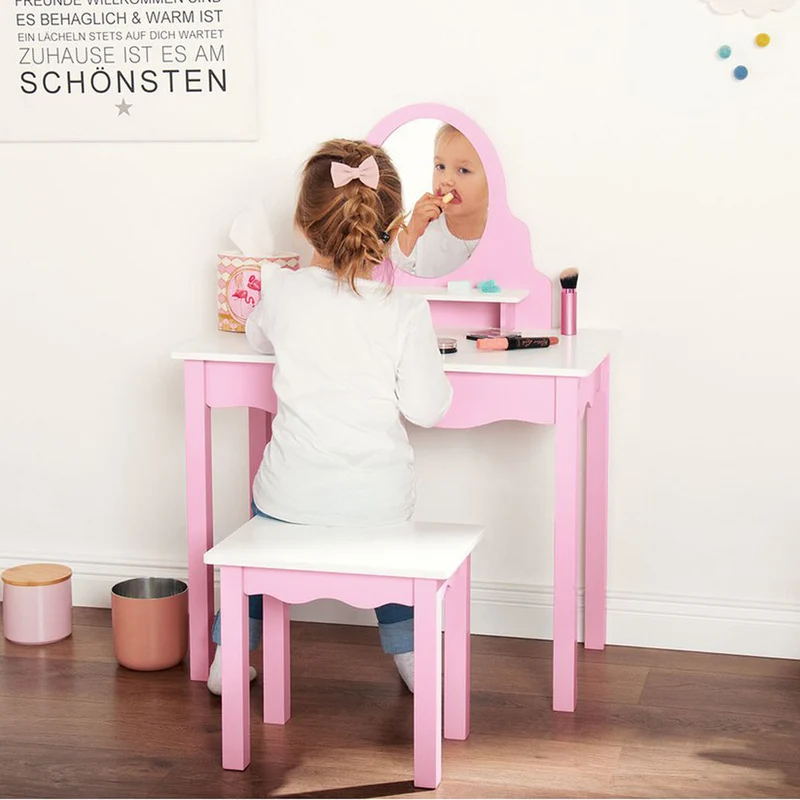 Kinder Schminktisch Rosa & Weiß, mit Spiegel & Hocker