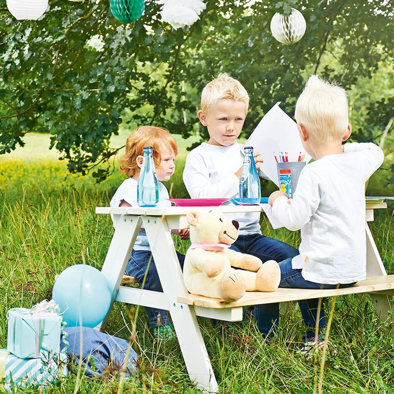 Sitzgarnitur für bis zu 4 Kinder Vollmassiv Nadelholz, Weiß & Natur