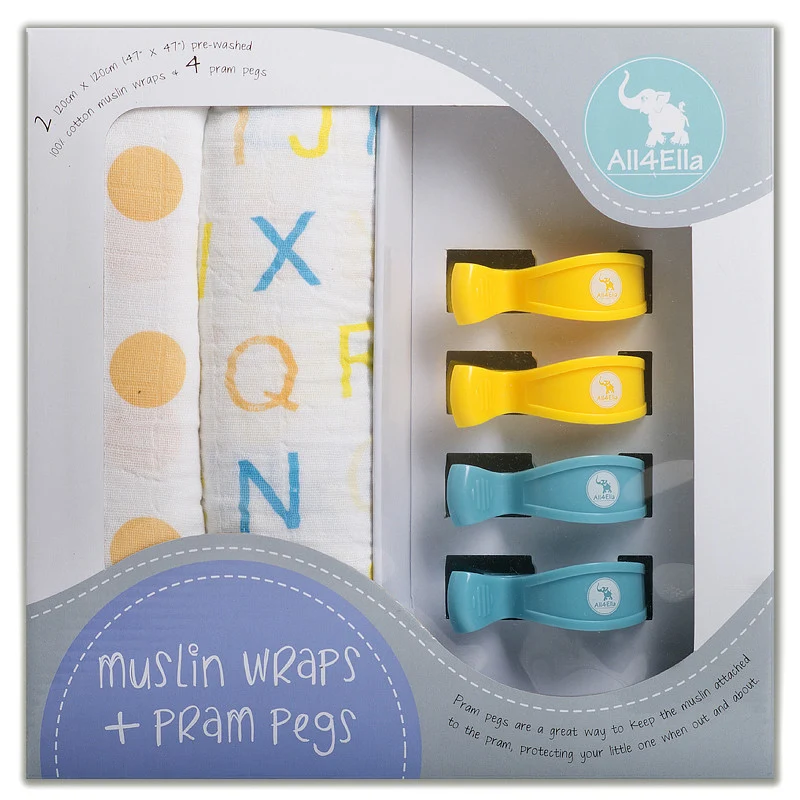 Twin Muslin & Four Pram Peg Boxed Set - Orange Alphabet