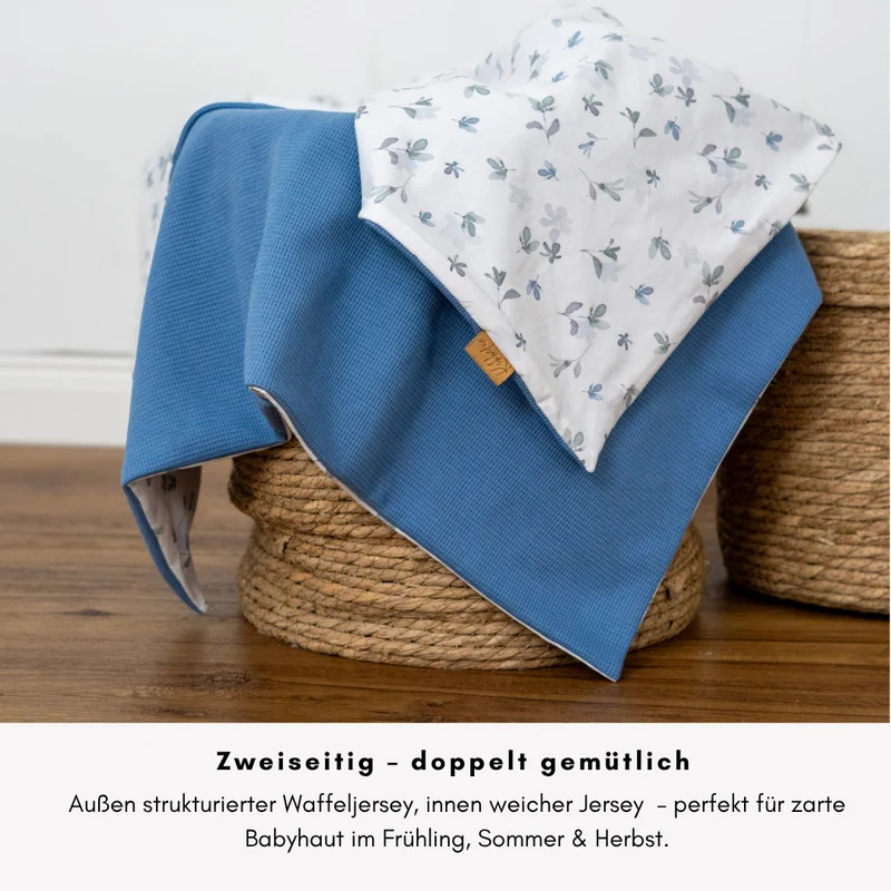 Babydecke Waffeljersey & Jersey - blau 100×70 cm – Sommerdecke für Kinderwagen, Babyschale & Zuhause