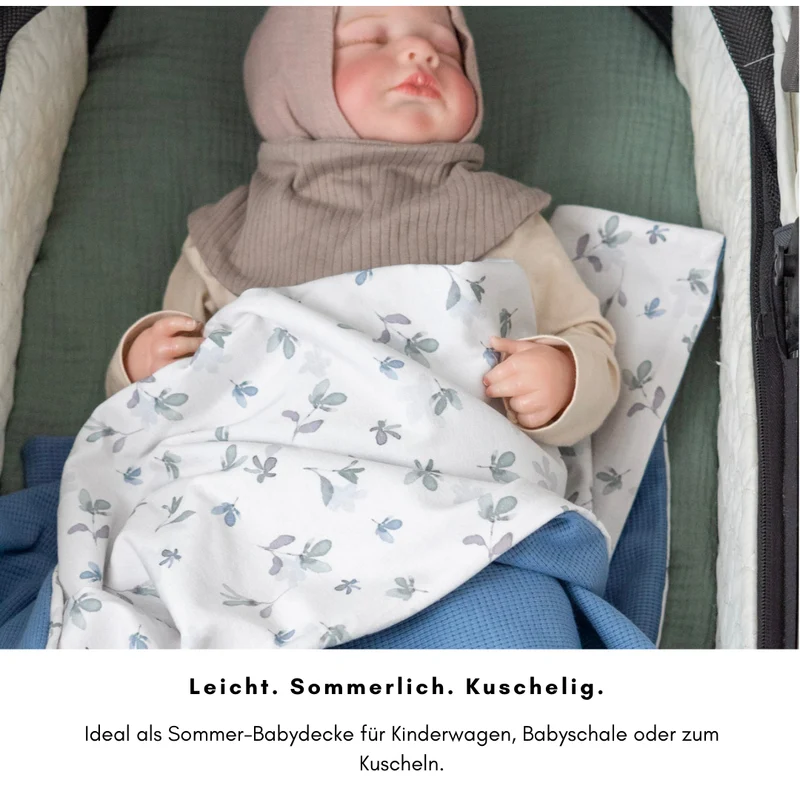 Babydecke Waffeljersey & Jersey - blau 100×70 cm – Sommerdecke für Kinderwagen, Babyschale & Zuhause