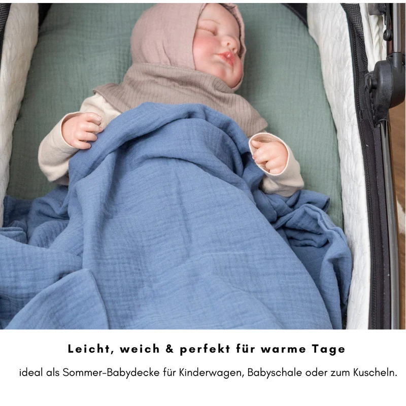 Musselin Babydecke - Himmelblau 100×70 cm – Leicht, weich & perfekt für Frühling und Sommer