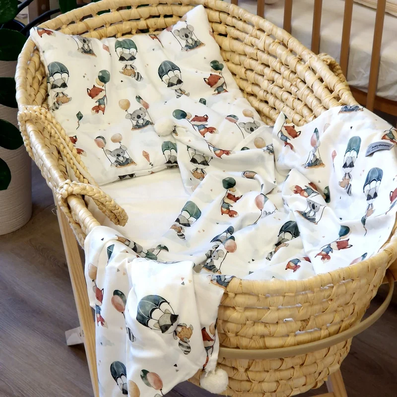 Sommerdecke mit Bommelchen inkl. flaches Kissen | Bambusstoff | Waschbärchen