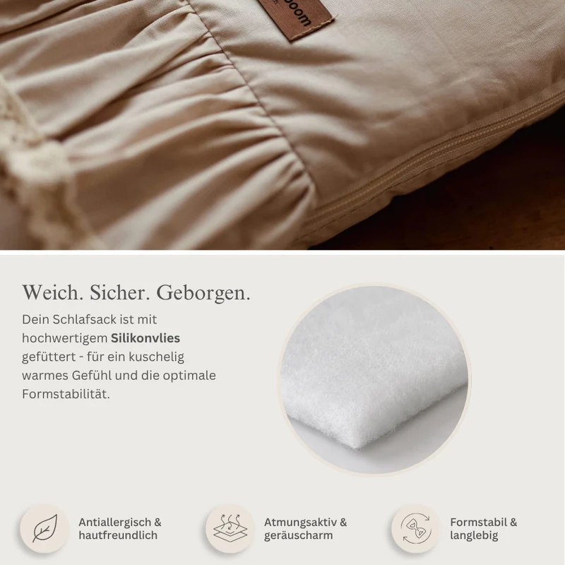 Flacher Schlafsack RETRO ROMANTIC mit Rüschen & beige Spitze | Baumwolle