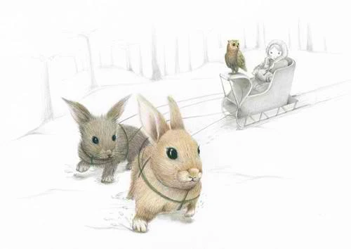Sleigh Bunnies Small Mounted Print