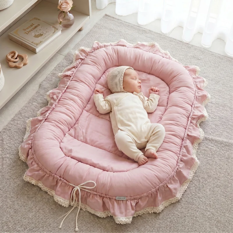 Premium Babynest RETRO ROMANTIC mit Rüschen & beige Spitze | Baumwolle