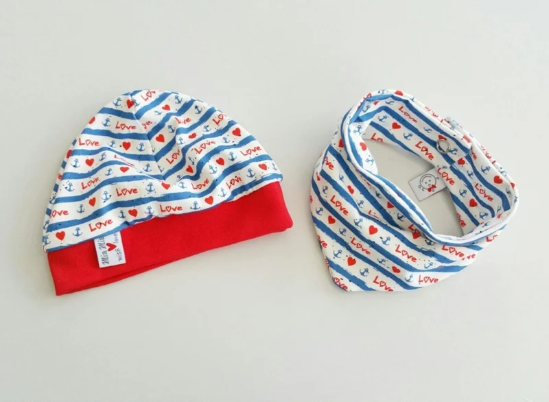 Beanie Set Mütze und Tuch Love Anker Herzen Nr. 73 von Atelier MiaMia