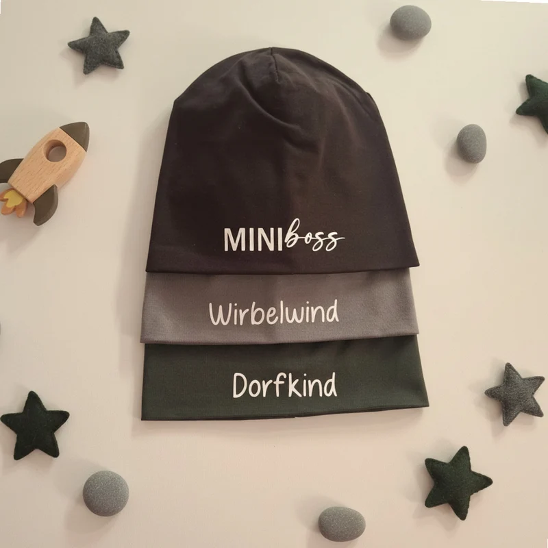 BEANIE MÜTZE "Miniboss" aus Jerseystoff für Babys und Kleinkinder