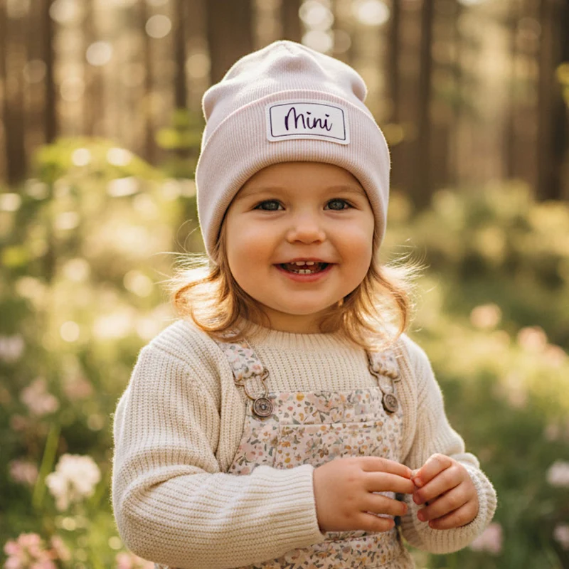 HIPSTER BEANIE MÜTZE "Mini" aus Rippjersey für Babys und Kleinkinder mit Kunstlederpatch