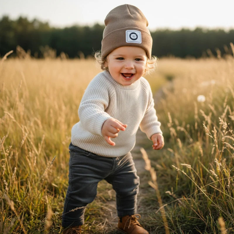 HIPSTER BEANIE MÜTZE "Löwe" aus Rippjersey für Babys und Kleinkinder mit Kunstlederpatch