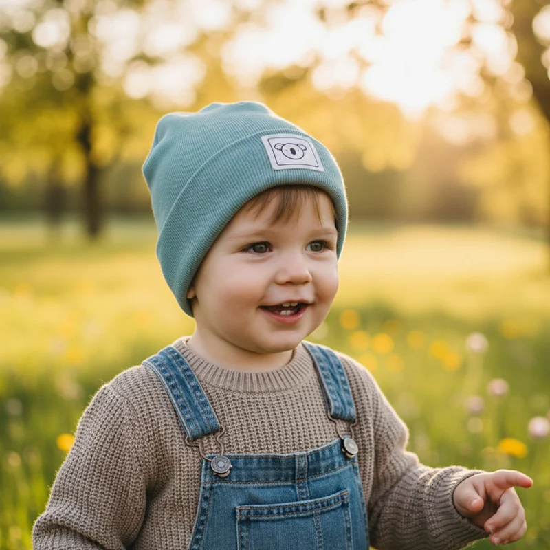 HIPSTER BEANIE MÜTZE "Koala" aus Rippjersey für Babys und Kleinkinder mit Kunstlederpatch