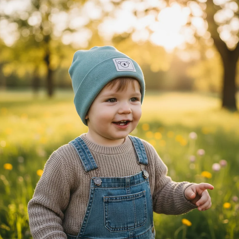 HIPSTER BEANIE MÜTZE "Koala" aus Rippjersey für Babys und Kleinkinder mit Kunstlederpatch