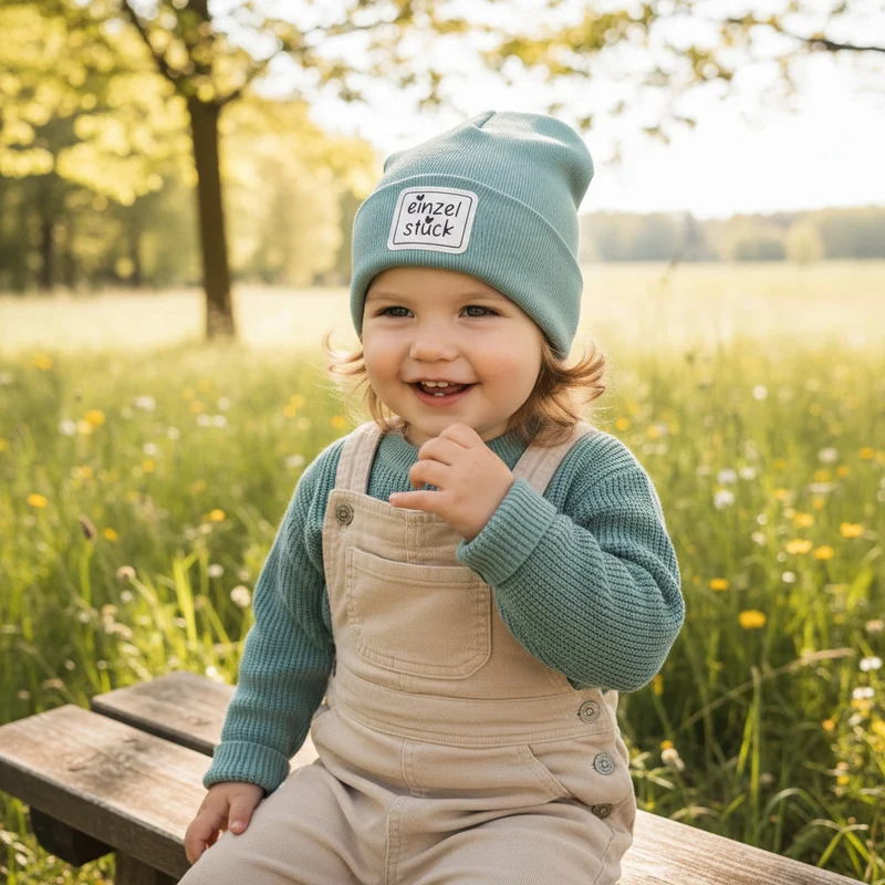 HIPSTER BEANIE MÜTZE "einzelstück" aus Rippjersey für Babys und Kleinkinder mit Kunstlederpatch