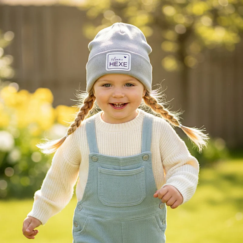 HIPSTER BEANIE MÜTZE "kleine Hexe" aus Rippjersey für Babys und Kleinkinder mit Kunstlederpatch