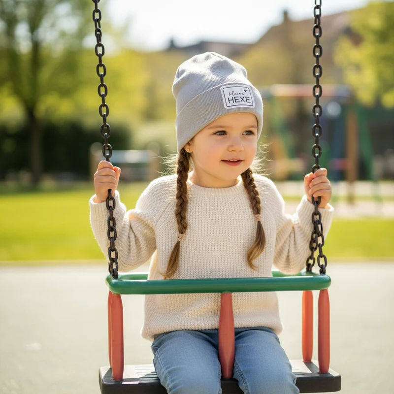 HIPSTER BEANIE MÜTZE "kleine Hexe" aus Rippjersey für Babys und Kleinkinder mit Kunstlederpatch