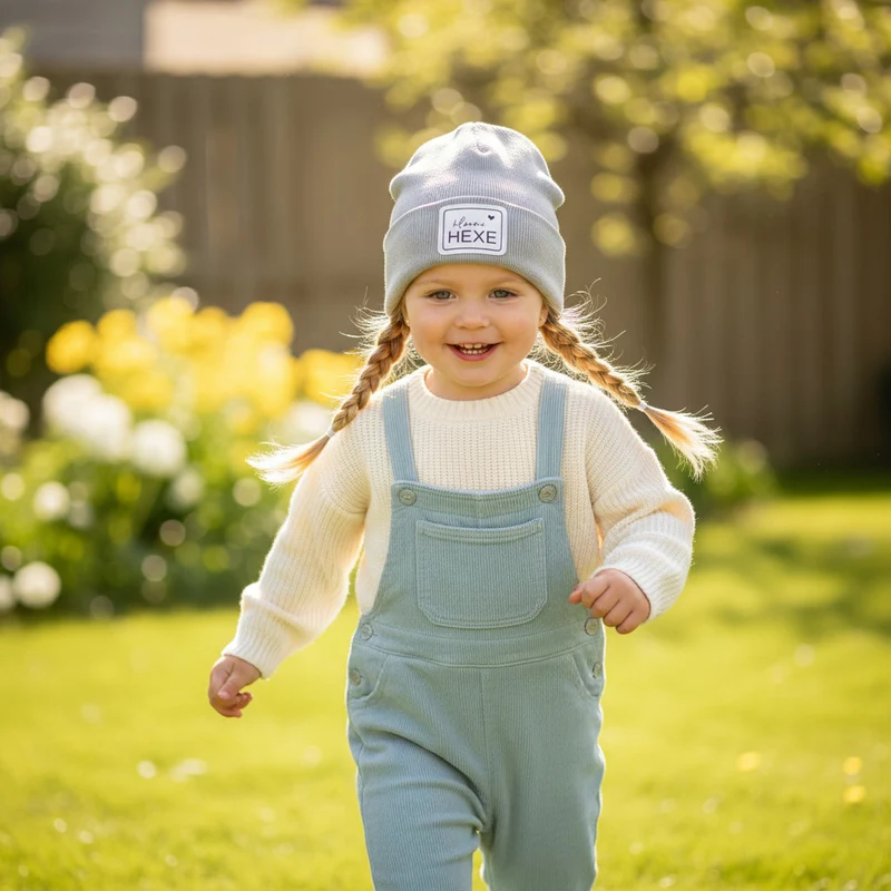HIPSTER BEANIE MÜTZE "kleine Hexe" aus Rippjersey für Babys und Kleinkinder mit Kunstlederpatch