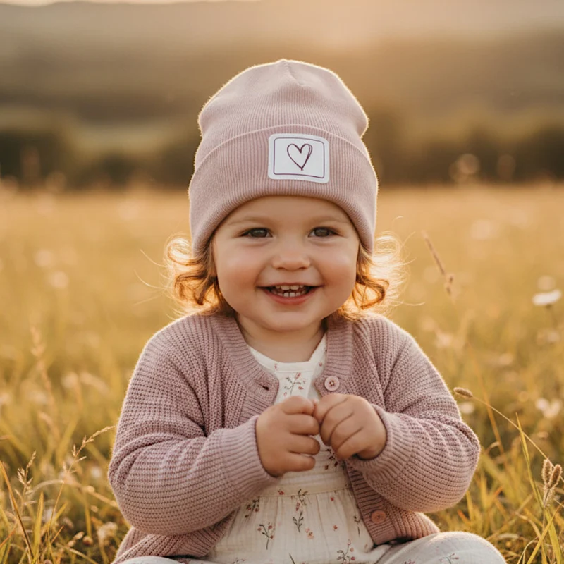 HIPSTER BEANIE MÜTZE "Herz" aus Rippjersey für Babys und Kleinkinder mit Kunstlederpatch