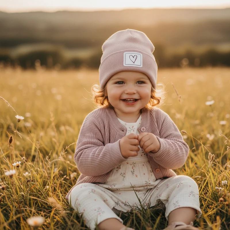 HIPSTER BEANIE MÜTZE "Herz" aus Rippjersey für Babys und Kleinkinder mit Kunstlederpatch