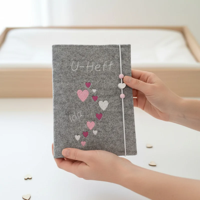 U-HEFTHÜLLE aus Filz "Herzen" mit Wunschname personalisierbar