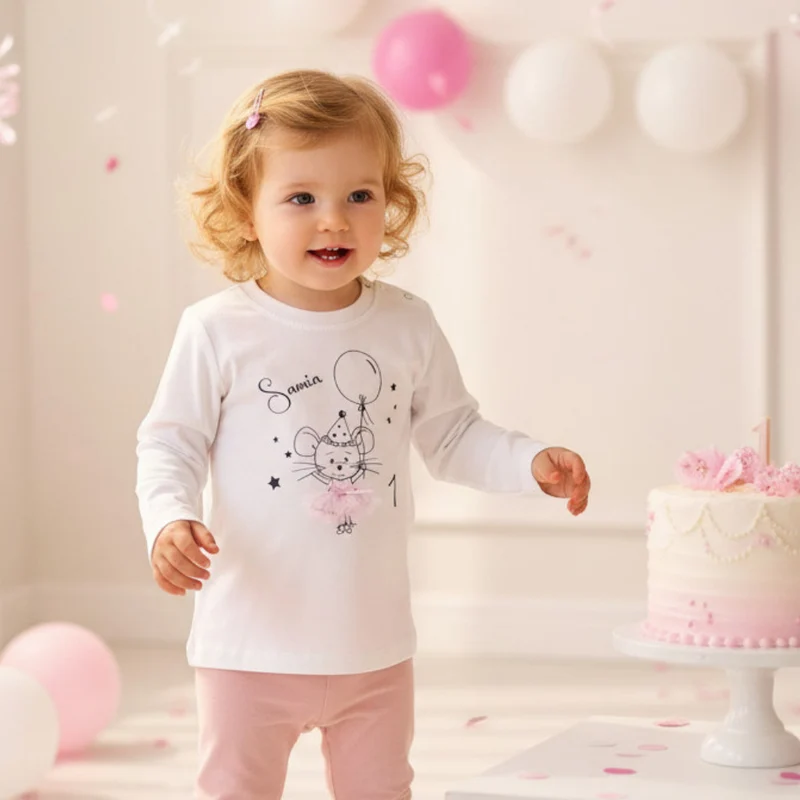 KINDER LANGARMSHIRT "Geburtstagsmaus" personalisierbar weiß / schwarz / rosa