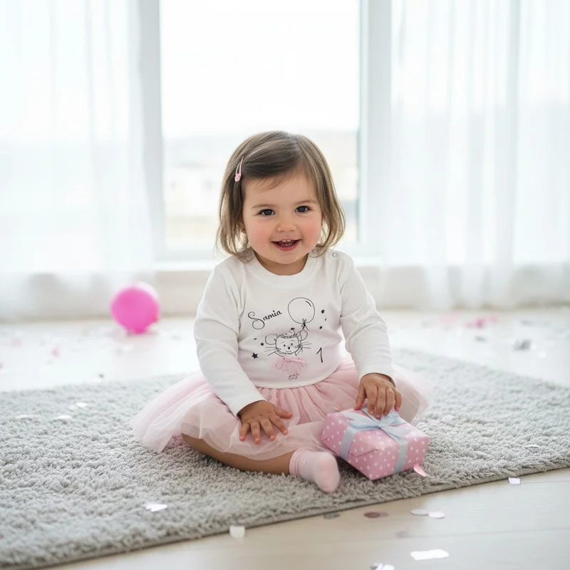 KINDER LANGARMSHIRT "Geburtstagsmaus" personalisierbar weiß / schwarz / rosa