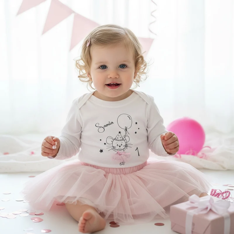 BABY LANGARMSHIRT "Geburtstagsmaus" personalisierbar weiß / schwarz / rosa