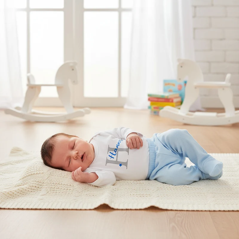 BABY LANGARMSHIRT "Buchstabe mit Name" personalisiert weiß / silber / blau