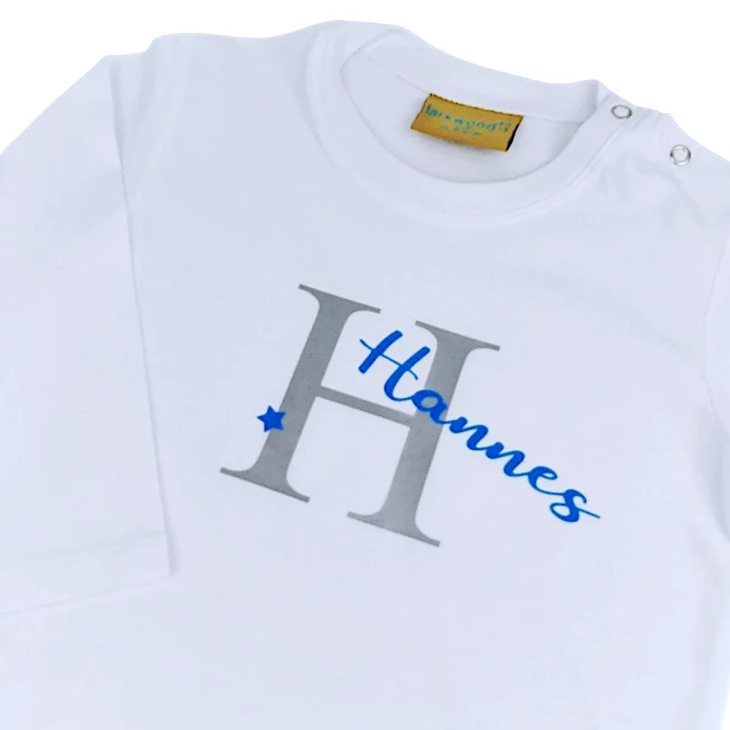 BABY LANGARMSHIRT "Buchstabe mit Name" personalisiert weiß / silber / blau