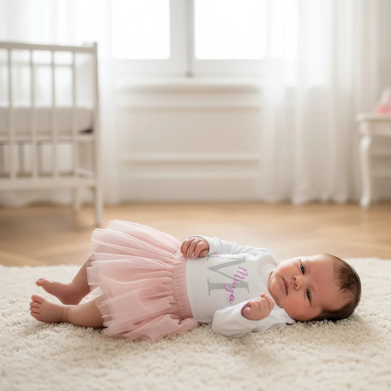 BABY LANGARMSHIRT "Buchstabe mit Name" personalisiert weiß / Glitzer / rosa