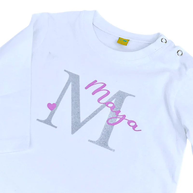 BABY LANGARMSHIRT "Buchstabe mit Name" personalisiert weiß / Glitzer / rosa
