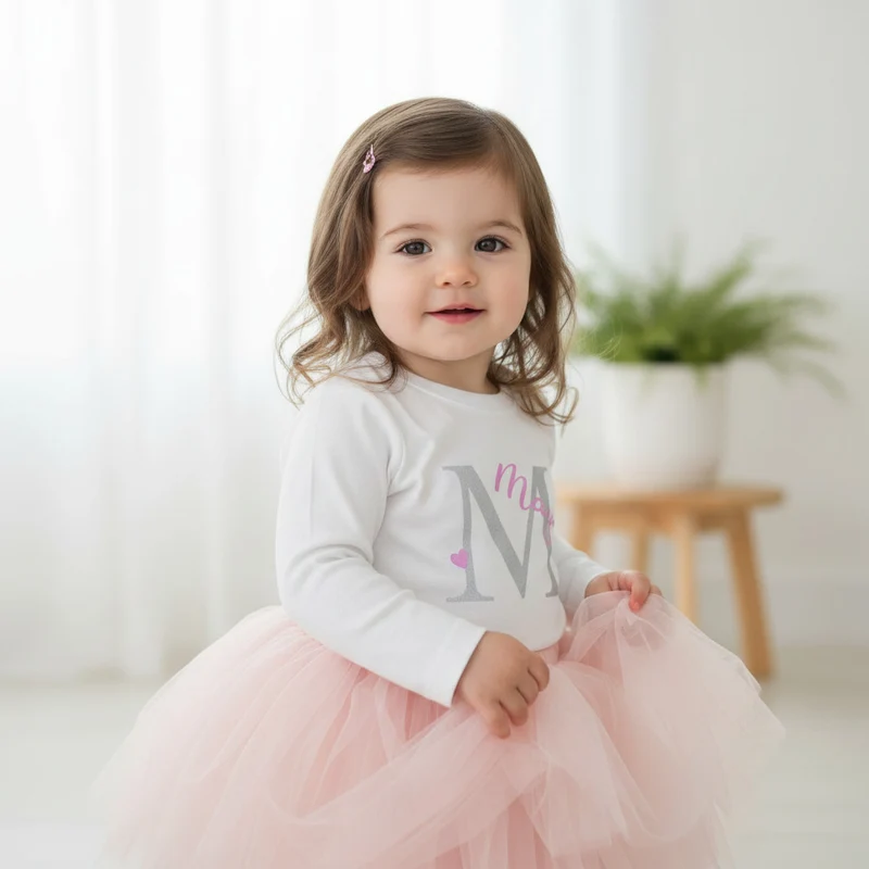 KINDER LANGARMSHIRT "Buchstabe mit Name" personalisiert weiß / Glitzer / rosa