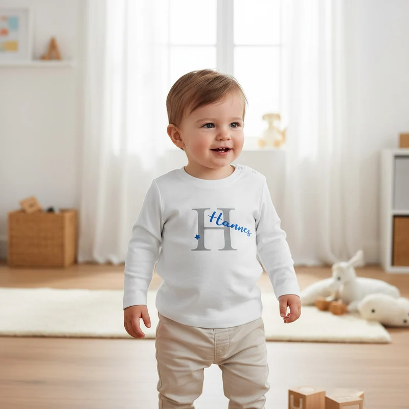 LANGARMSHIRT "Buchstabe mit Name" personalisert weiß / silber / blau