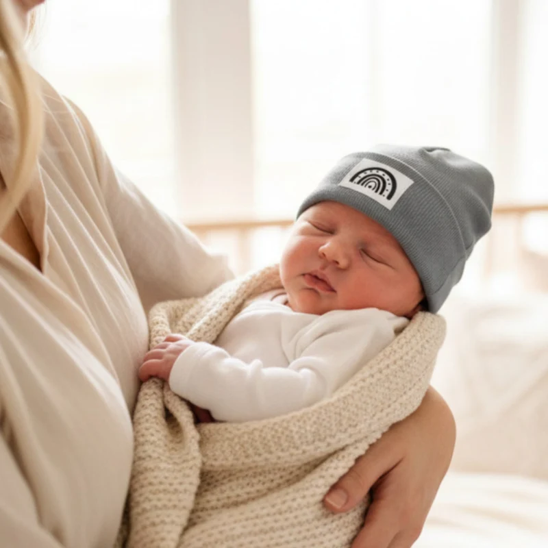HIPSTER BEANIE MÜTZE "Regenbogen" für Babys mit Kunstlederpatch