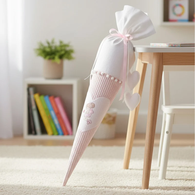 SCHULTÜTE "kleine Elfe" personalisiert m. Namen bestickt aus Stoff weiß/rosa - 70 cm mit Papprohling