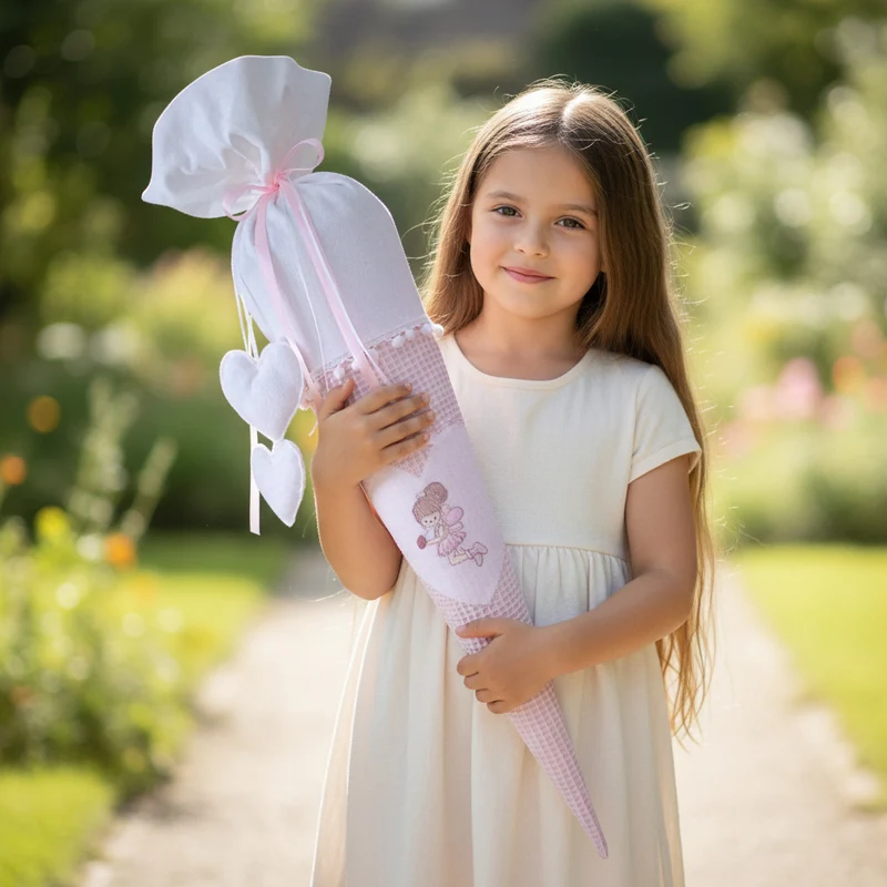 SCHULTÜTE "kleine Elfe" personalisiert m. Namen bestickt aus Stoff weiß/rosa - 70 cm mit Papprohling