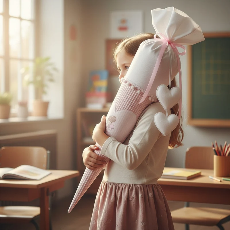 SCHULTÜTE "kleine Elfe" personalisiert m. Namen bestickt aus Stoff weiß/rosa - 70 cm mit Papprohling