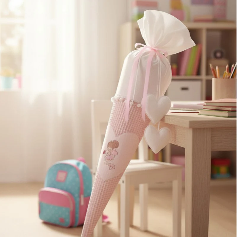 SCHULTÜTE "kleine Elfe" personalisiert m. Namen bestickt aus Stoff weiß/rosa - 70 cm mit Papprohling