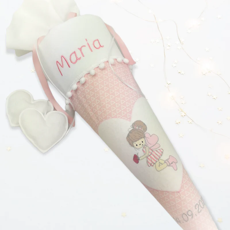 SCHULTÜTE "kleine Elfe" personalisiert m. Namen bestickt aus Stoff weiß/rosa - 70 cm mit Papprohling