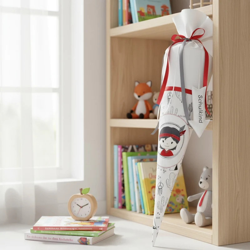 SCHULTÜTE "Indianer" personalisiert m. Namen bestickt aus Stoff schwarz/weiß/rot - 70 cm mit Papprohling
