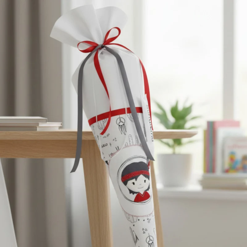 SCHULTÜTE "Indianer" personalisiert m. Namen bestickt aus Stoff schwarz/weiß/rot - 70 cm mit Papprohling