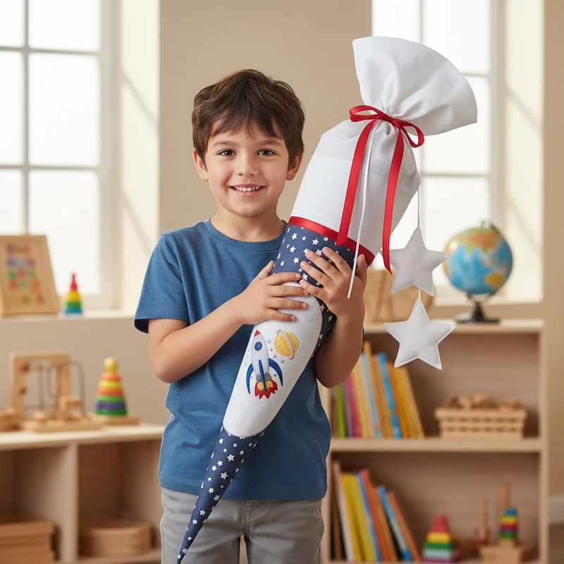 SCHULTÜTE "Rakete" personalisiert m. Namen blau/weiß Stoff - 70 cm mit Rohling