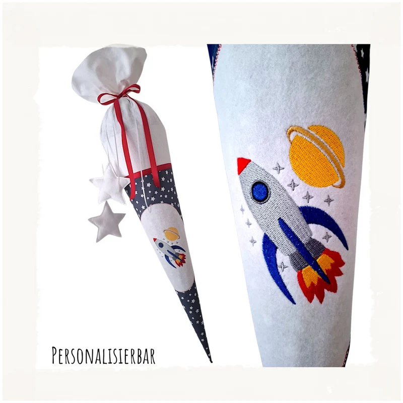 SCHULTÜTE "Rakete" personalisiert m. Namen blau/weiß Stoff - 70 cm mit Rohling