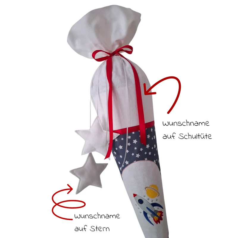 SCHULTÜTE "Rakete" personalisiert m. Namen blau/weiß Stoff - 70 cm mit Rohling