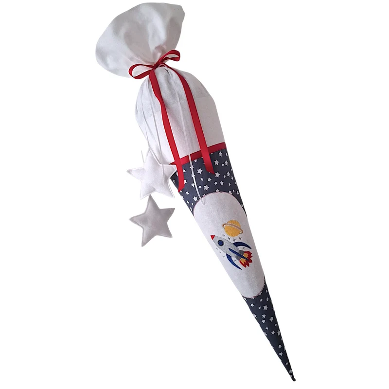 SCHULTÜTE "Rakete" personalisiert m. Namen blau/weiß Stoff - 70 cm mit Rohling