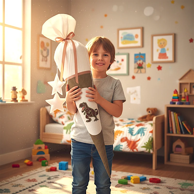 SCHULTÜTE "Dinosaurier" personalisiert m. Namen grün/weiß Stoff - 70 cm mit Rohling