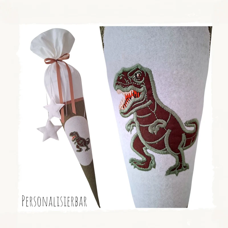 SCHULTÜTE "Dinosaurier" personalisiert m. Namen grün/weiß Stoff - 70 cm mit Rohling