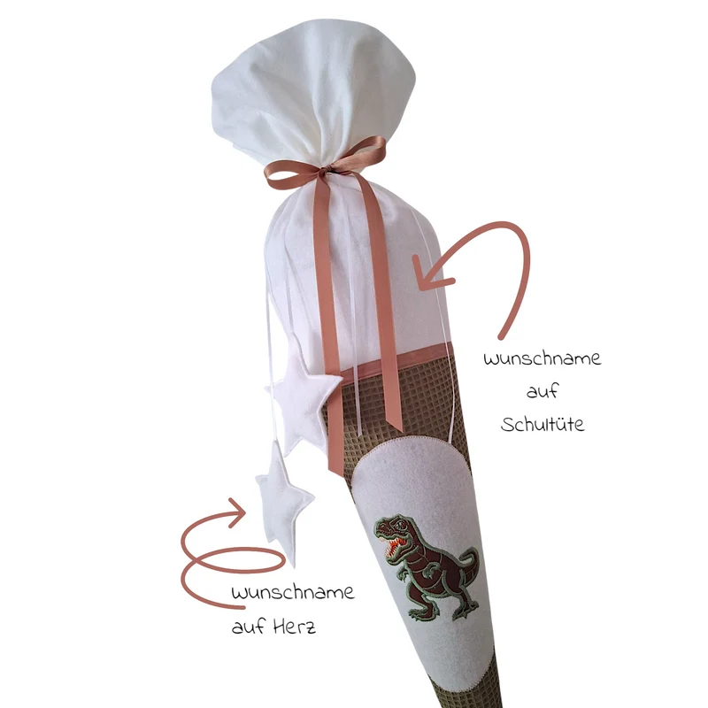 SCHULTÜTE "Dinosaurier" personalisiert m. Namen grün/weiß Stoff - 70 cm mit Rohling
