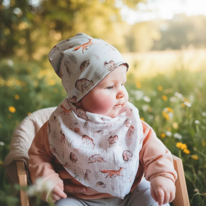 SET MÜTZE & HALSTUCH für Babys & Kleinkinder "Waldtiere" aus Jersey und Musselin