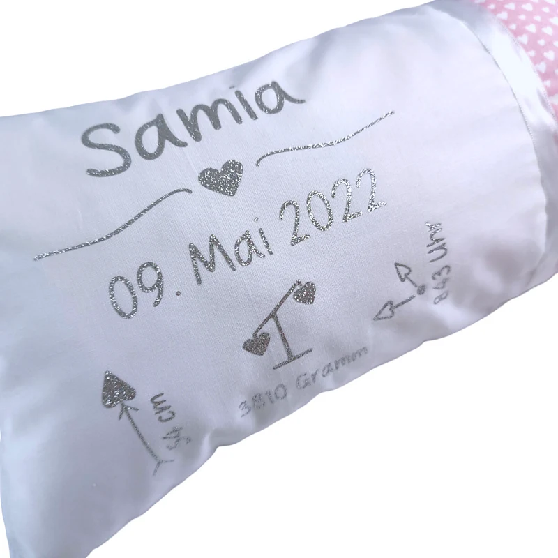 GEBURTSKISSEN mit Echtmaßen und Gewicht „Herzen“ & Glitzerschrift